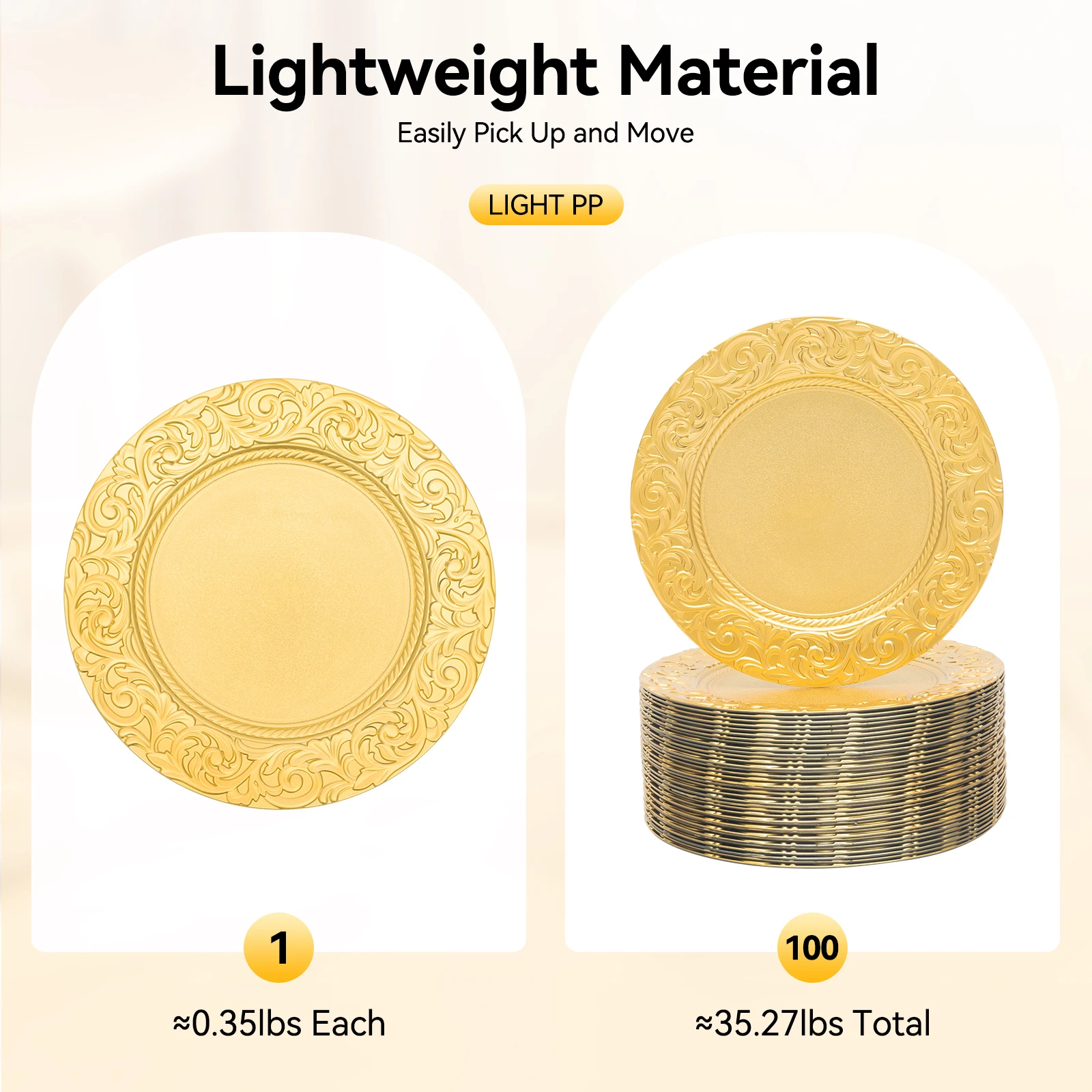 100Pcs Gold Round Charger Plates PP Reusable Serving Plates Embossed Rim for Wedding Banquet Holiday Party Table Decor