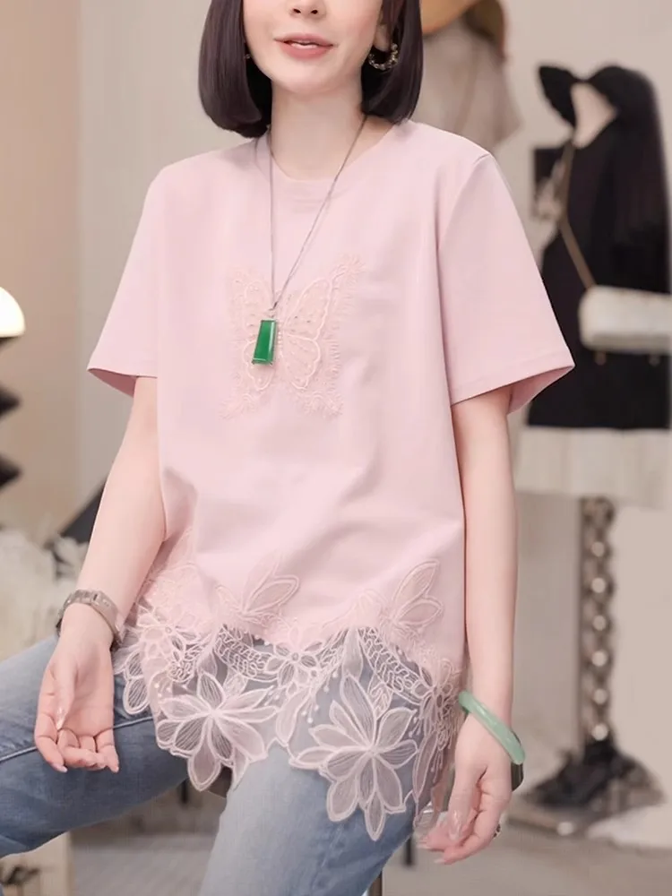 

Pink ort Sve T-irt Women's Loose Fit Embroidered Lace Trim Summer Faion Anti-Aging Slimming Top Korean Sle round Ne