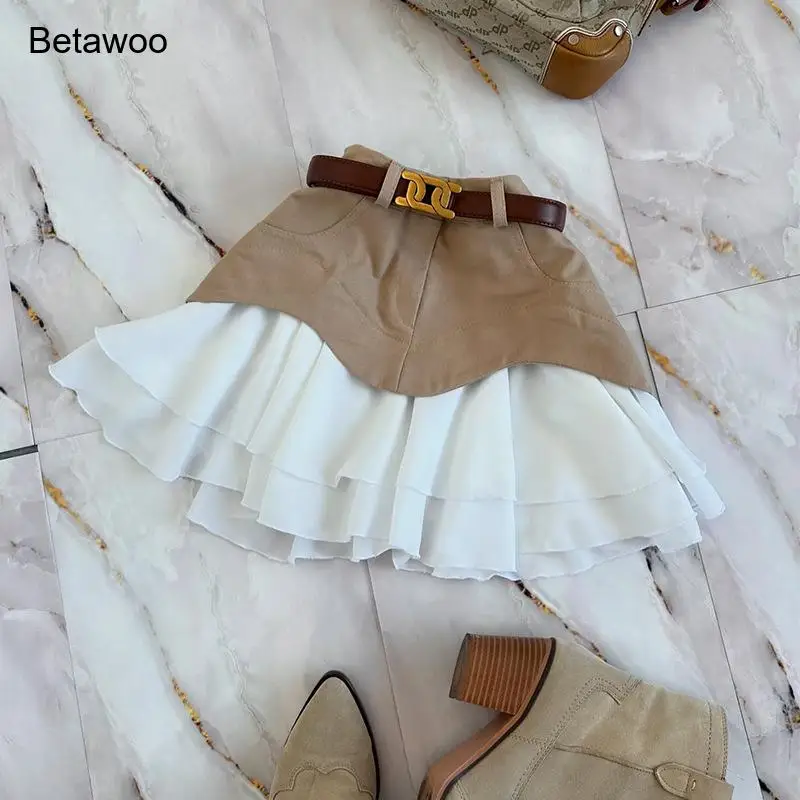Beigefarbener, mehrlagiger Minirock für Damen mit Gürtel, hoher Taille, Rüschen, A-Linie, lässig, elegant, im Preppy-Stil, Skort