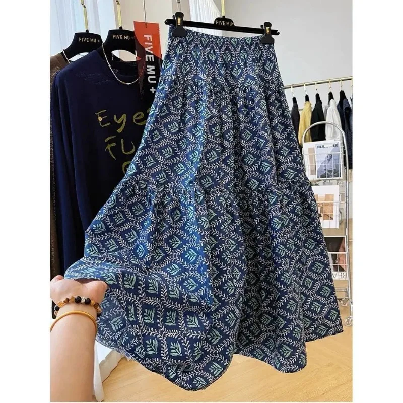 Literary Retro Elastic Waist Printed Ramie Skirt Women's New Summer Loose Knee-length Skirt