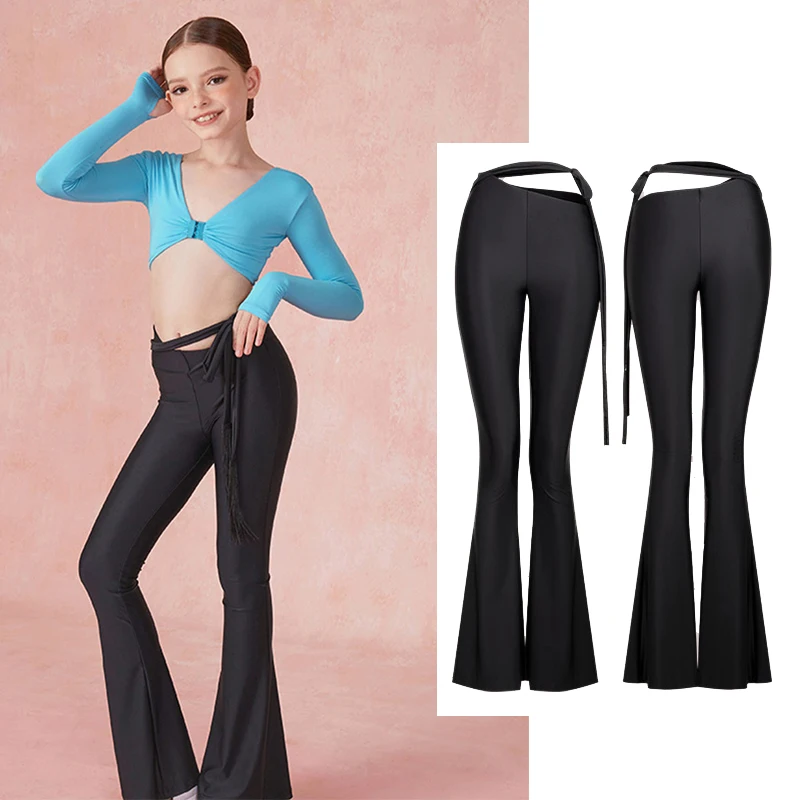 

ZYM Strap Waist Black Latin Dance Pants Girls Kids Latin Dance Practice Clothing Cha Cha Rumba Ballroom Dance Trousers DNV21746