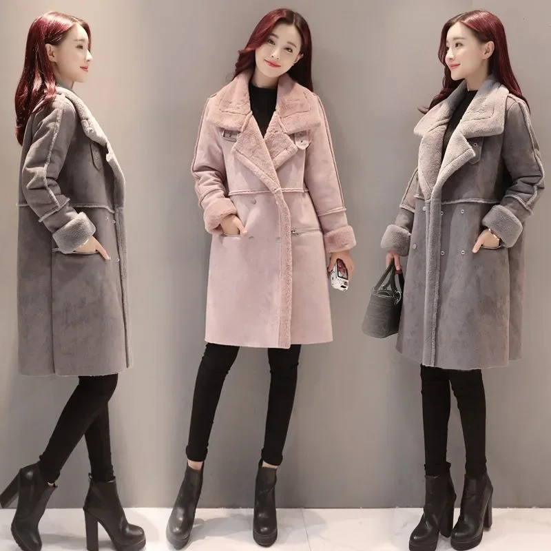 Wildledermantel Damen Winter New Plus Fleece Verdicktes Mittellanges Fell Ein Lammfleece Baumwolle gefütterter Mantel Hochwertige Jacken