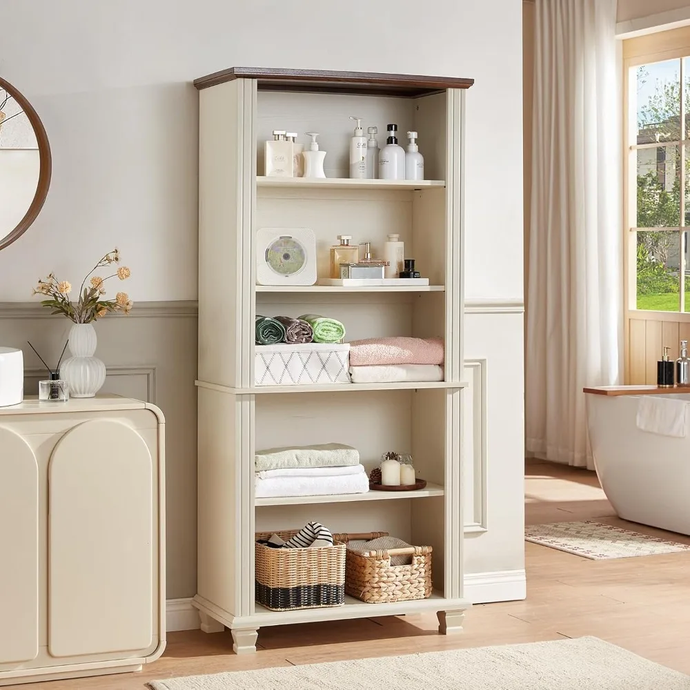 70 رف كتب أبيض طويل القامة، رف كتب خشبي من 5 طبقات مع أرفف قابلة للتعديل وأرجل خشبية، خزانة كتب للمزرعة قائمة بذاتها مع فتحة Di