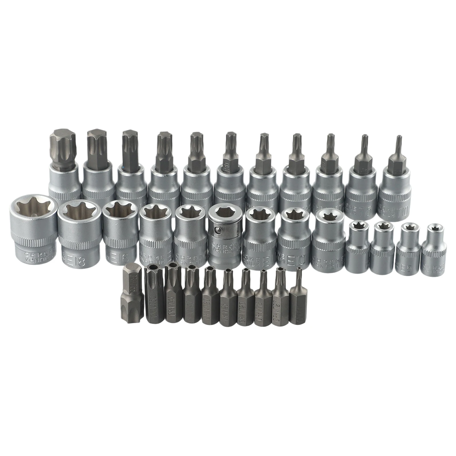 34Pcs For Torx Star Socket and Bit Set for E-Security Fasteners with 3/8 Inch and 1/4 Inch Drive Sizes Chrome Vanadium Steel