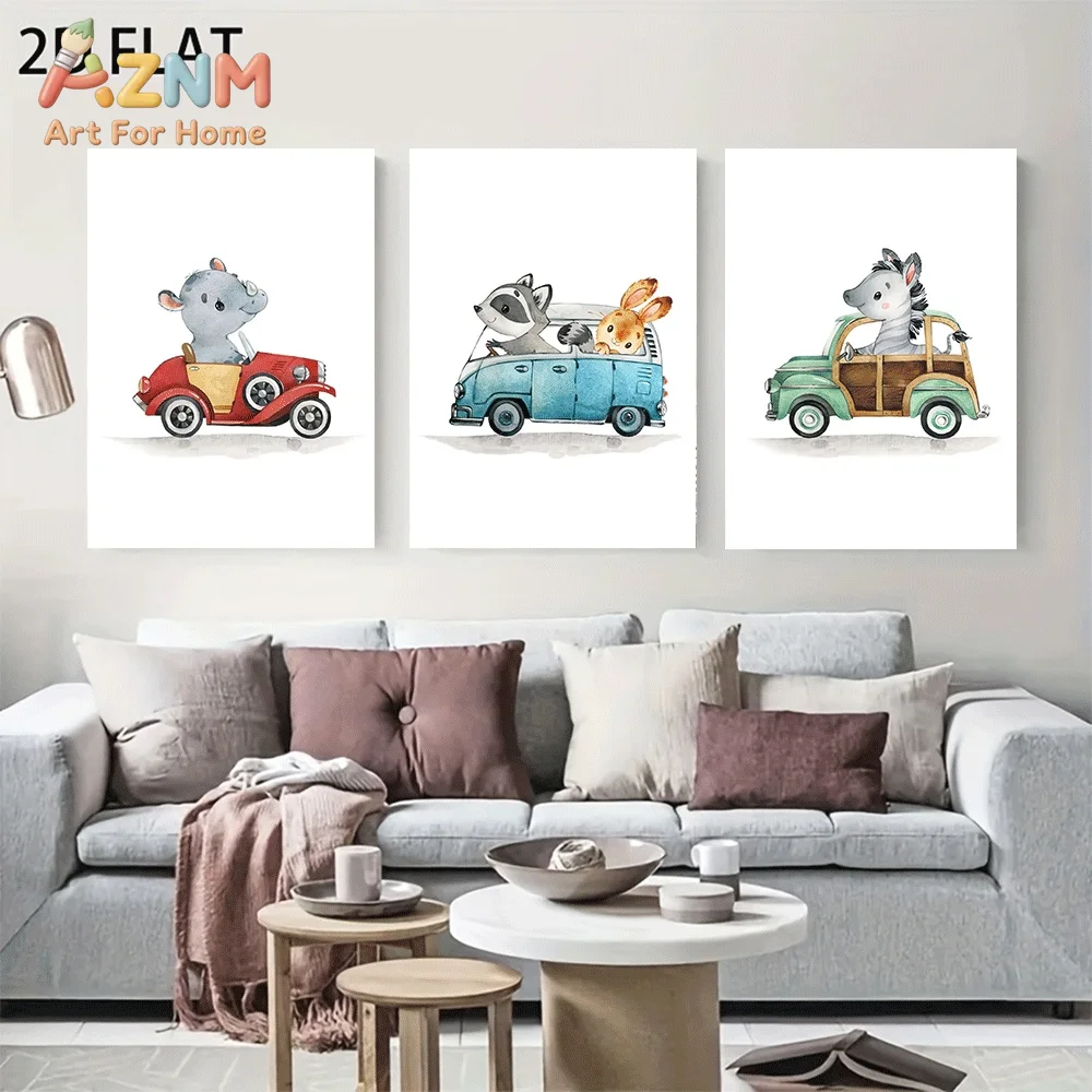 AZNM Watercolor Cartoon Animal Driving Vintage Car Canvas Wall Art, Rhino Raccoon Rabbit Zebra Retro Vehicle Cute Illustration P