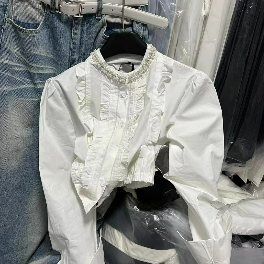 

French White Shirts Autumn New Style Niche with Fungus Edge Versatile Shirt Top for Women