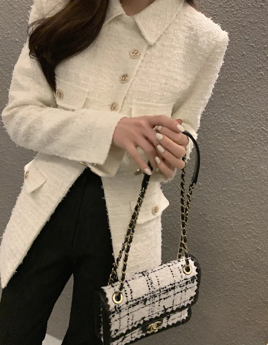 Chic Autumn Fragrant Style Flip Collar Irregular Button High Waist Long Sleeve Thick Tweed Coat Women Jackets