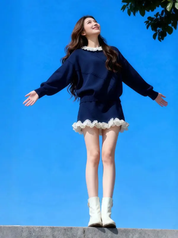 

Мягкий свитер с юбкой в Корейском стиле, удобный комплект со средней талией, высокая эластичность, длинный свеч, круглый, свободный крой, осенне-зимний наряд