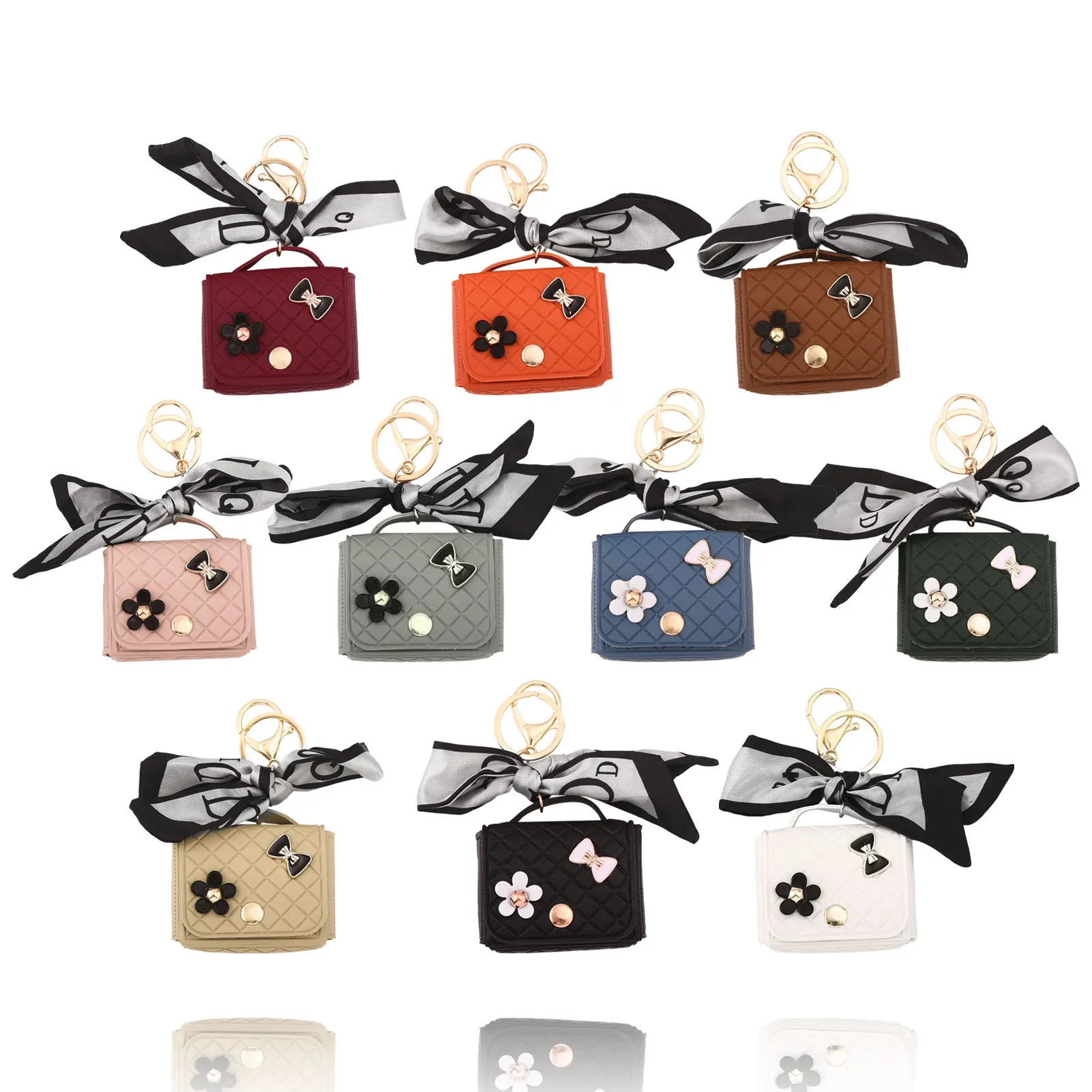 Mini lenço de seda saco de armazenamento de fone de ouvido cor sólida bolsa de moedas de couro criativo chaveiro pingente bluetooth fone de ouvido capa