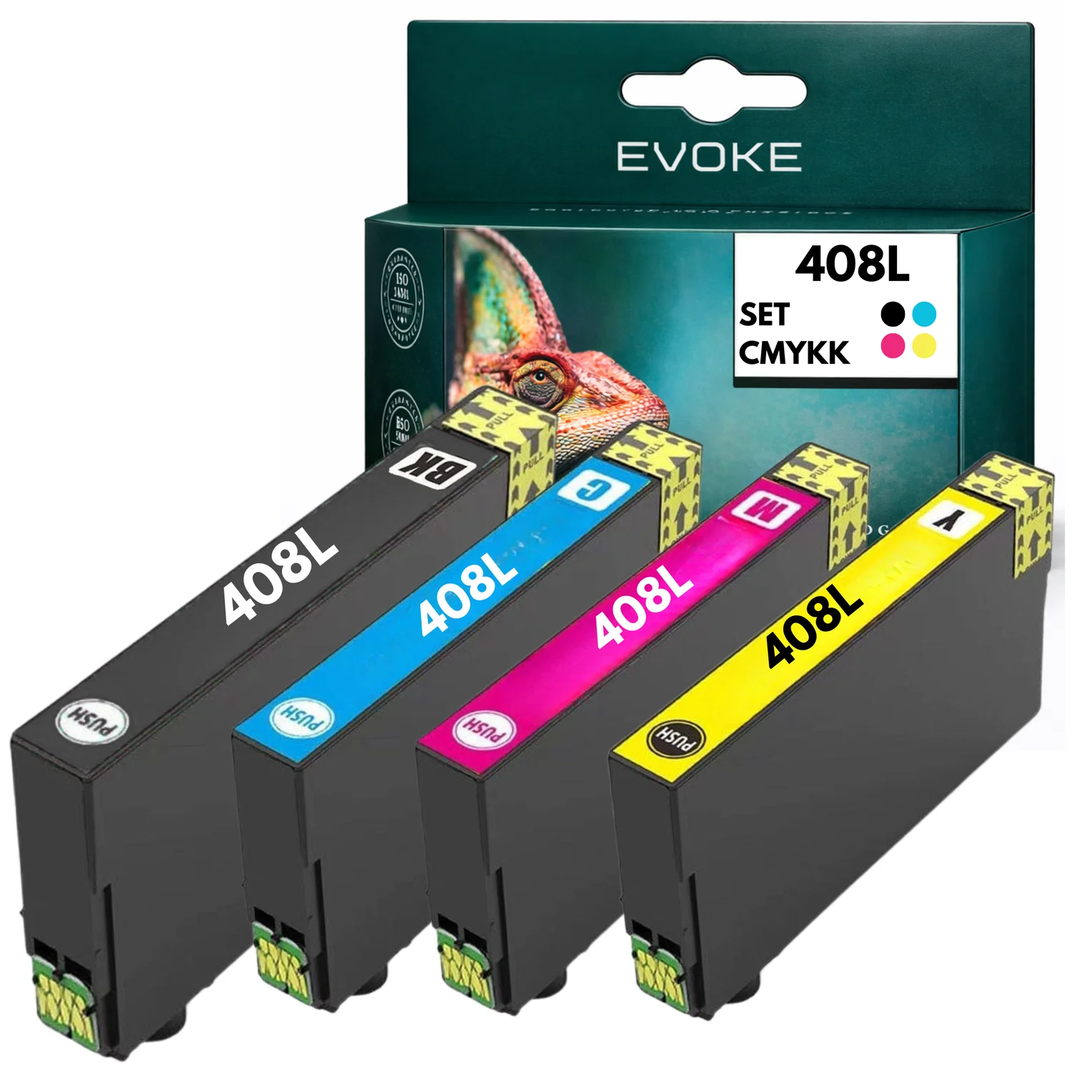 Evoke Compatibele Inkt voor Epson 408L 408 L 4X Cmyk: Zwart, Cyaan, Magenta, Geel 117 ml Workforce Pro Wf-C4810Dtwf