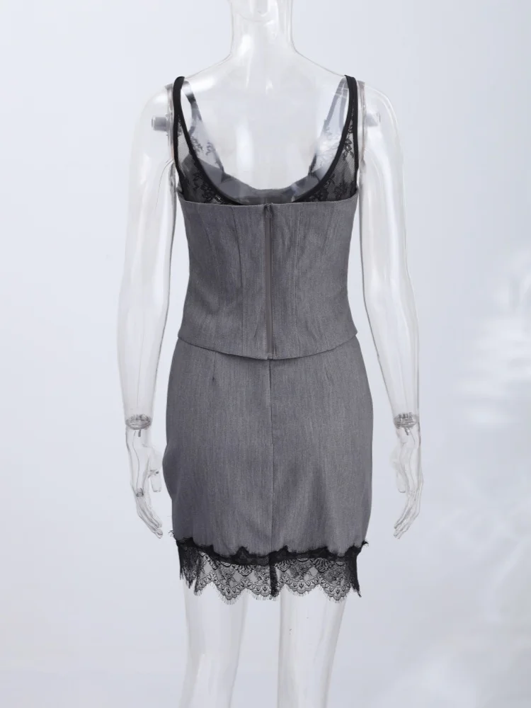 Schickes Sweetheart-Ausschnitt Bustier-Set mit Spitzenbesatz Schulterträger-Korsett-Top und Spitzenbesetzter Minirock für Damen Casual Alltags- und Partykleidung – Detail 4