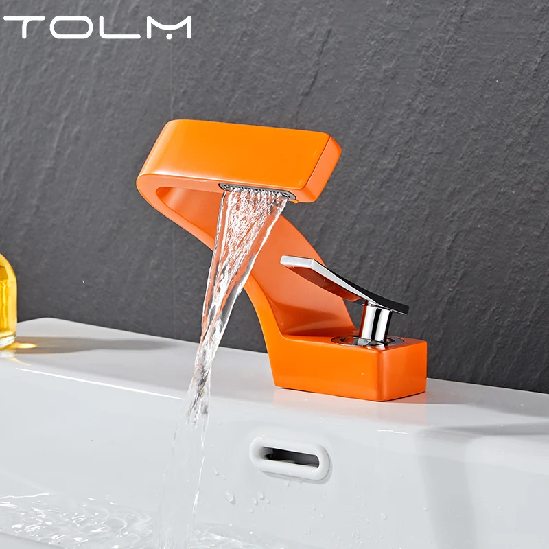 TOLM Basin Faucet Modern Bathroom Mixer Tap Orange Wash basin Faucet Single Handle Hot and Cold Waterfall Faucet Kitchen tap