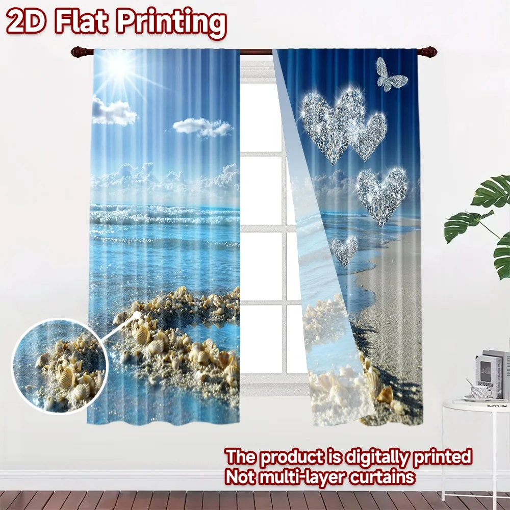 2D flat printing 2pcs Scene Curtains Diamond Hearts Beach Sunset Digital Printed Polyester Drapes Family Party Decoration