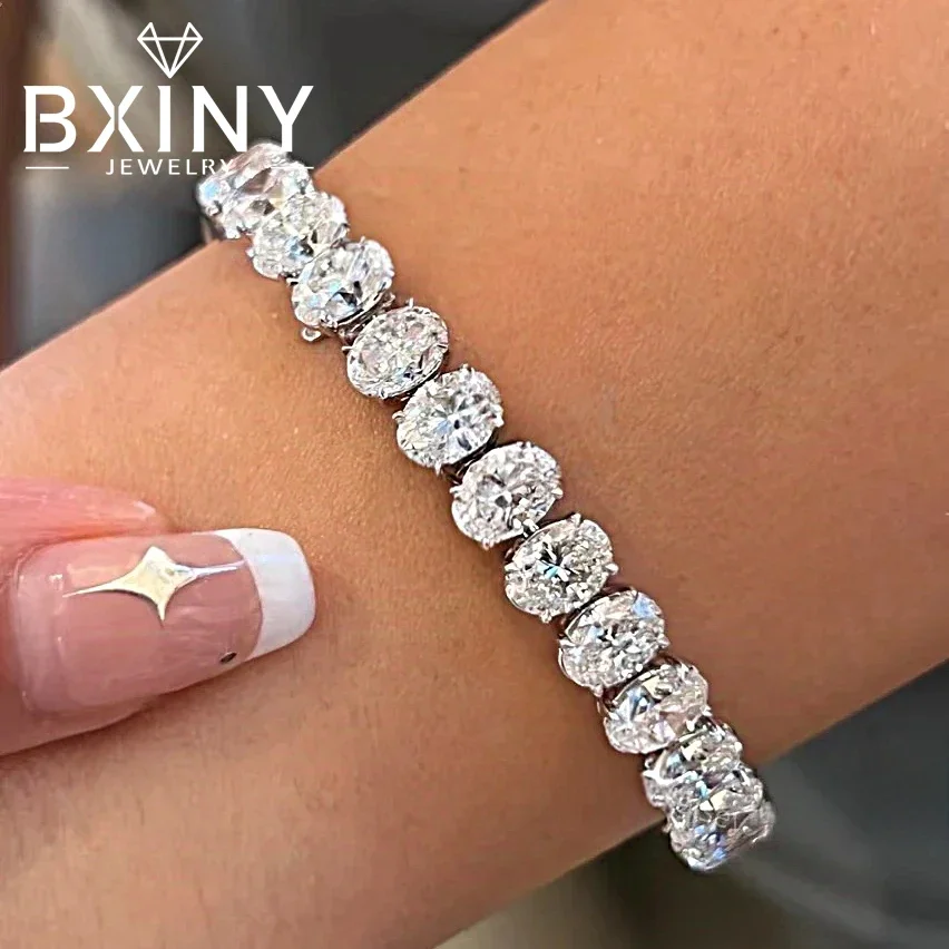 

BXINY 0.5Ct Oval Cut Moissanite Tennis Bracelet S925 Silver 18K Gold Plated GRA Certified HipHop Jewelry Gift