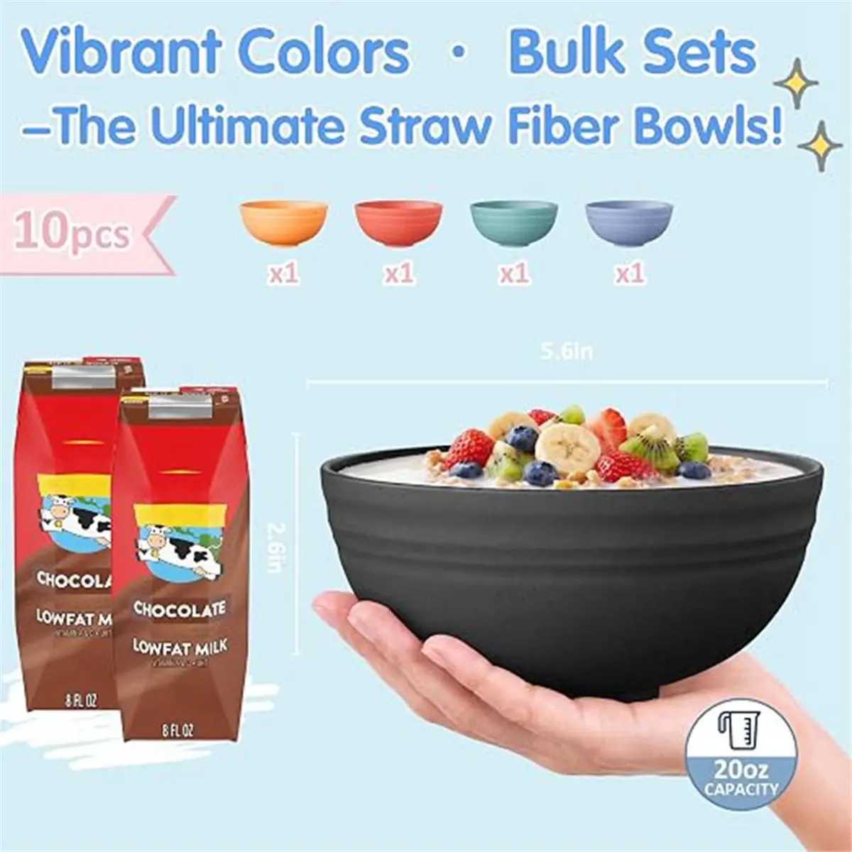 10 PCS Unbreakable Wheat Straw Bowls, Microwave & Dishwasher Safe, Easy-Grip Cereal Soup Dessert Bowls for Daily Use
