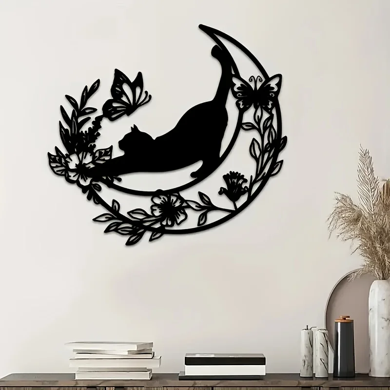 Black Cat Crescent Moon Metal Wall Art Iron 2D Flat Gothic Sculpture Bedroom Office Hanging Mural Halloween Cat Lover Gift