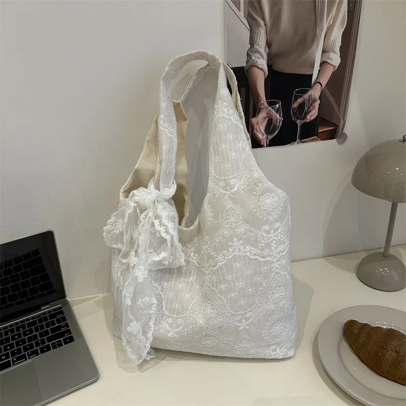 Casual Lace Embroidery Shoulder Bags for Women Simple Versatile Ladies Handbags Large Tote Lightweight Commuter Female Vest Bag