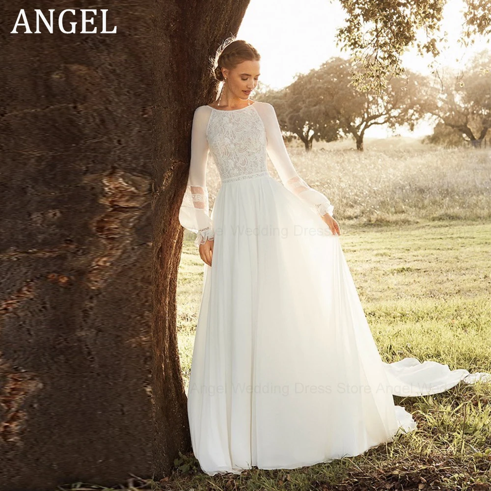 

ANGEL Sexy Backless Wedding Dresses For Woman Scoop Puff Sleeves Chiffon A-Line Bride Gowns Lace Appliques Robe De Mariée