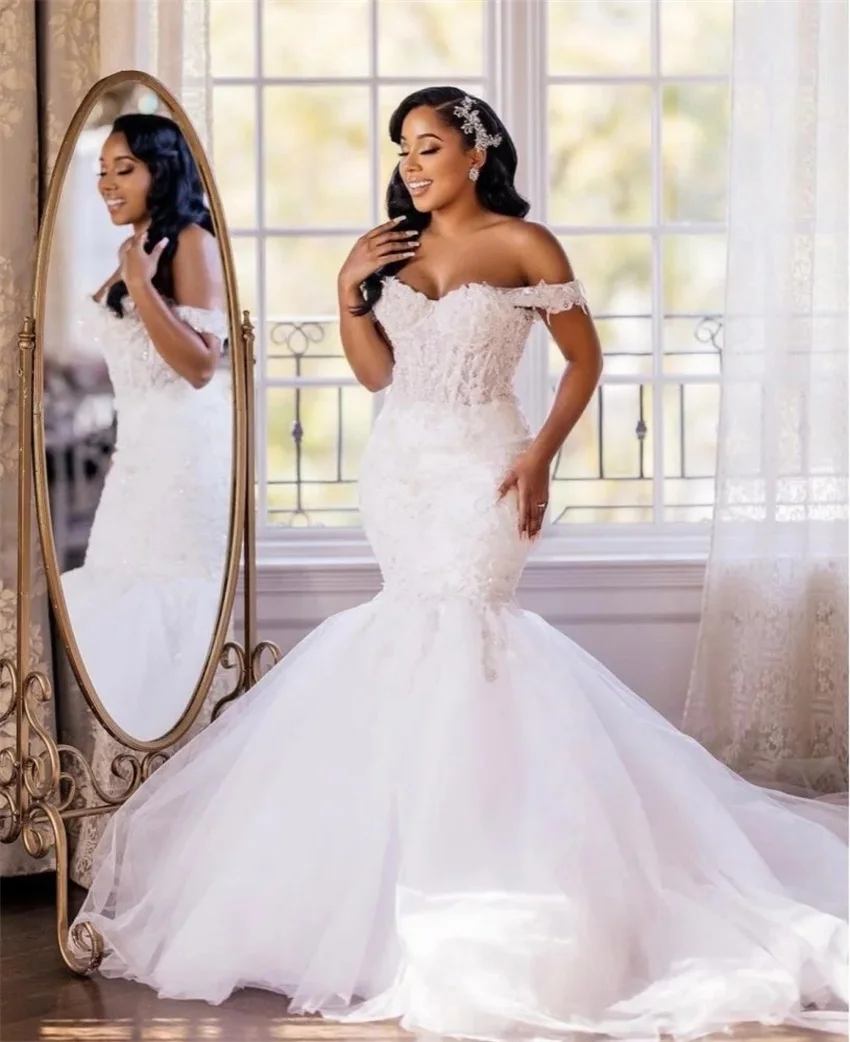 

African Elegant Mermaid Wedding Dresses vestidos para mujer 2023 Off Shoulder Lace Applique Sweep Train Beaded Bridal Gowns