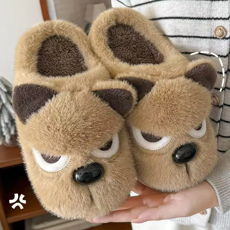 

Angry Cartoon Dog Slippers Womens Plush Fleece Lined House Shoes Winter Warm Cotton Slippers Postpartum Shoes