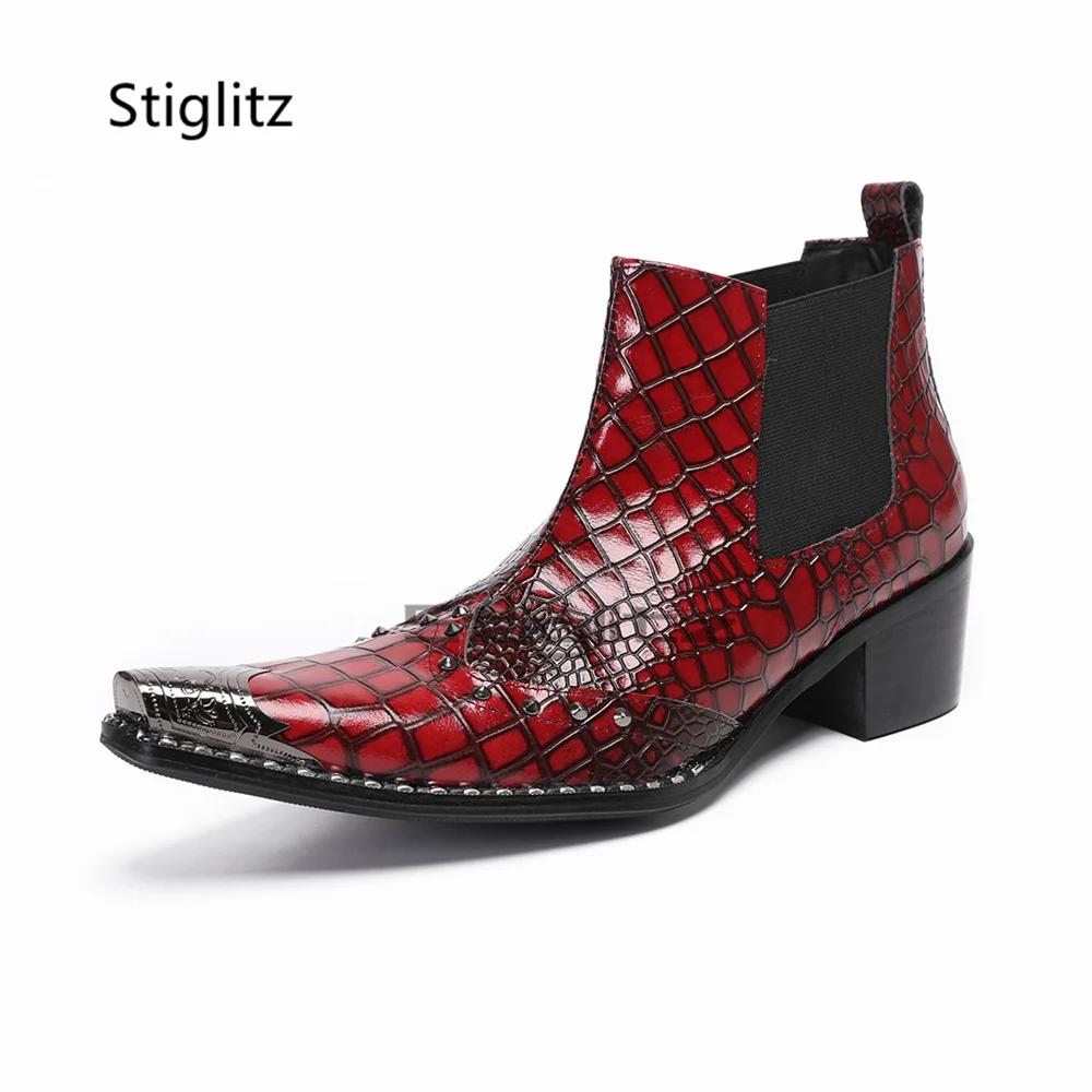 Men's Red Crocodile Print Genuine Leather Chelsea Boots Metal Pointed Toe Rivets High Heel Slip On Ankle Boots Wedding Shoes