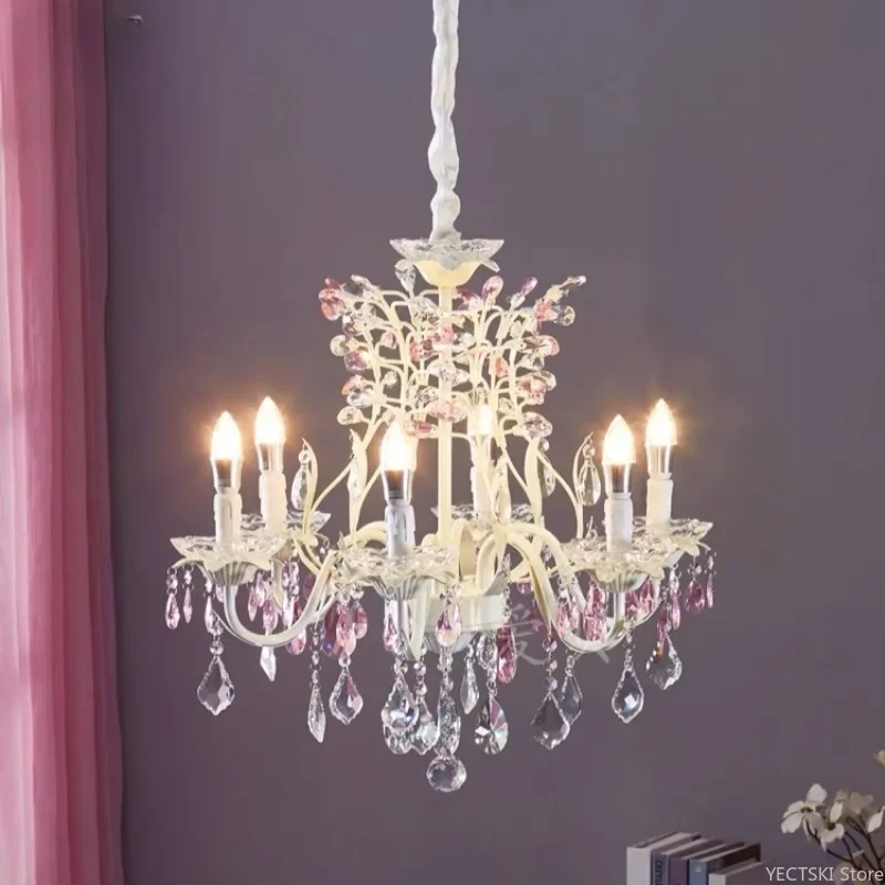 GHJUYIOL Romantic Pink Flower Bud Crystal Pendant, European French Bedroom Light, Retro Living Room Dining Princess Room Light