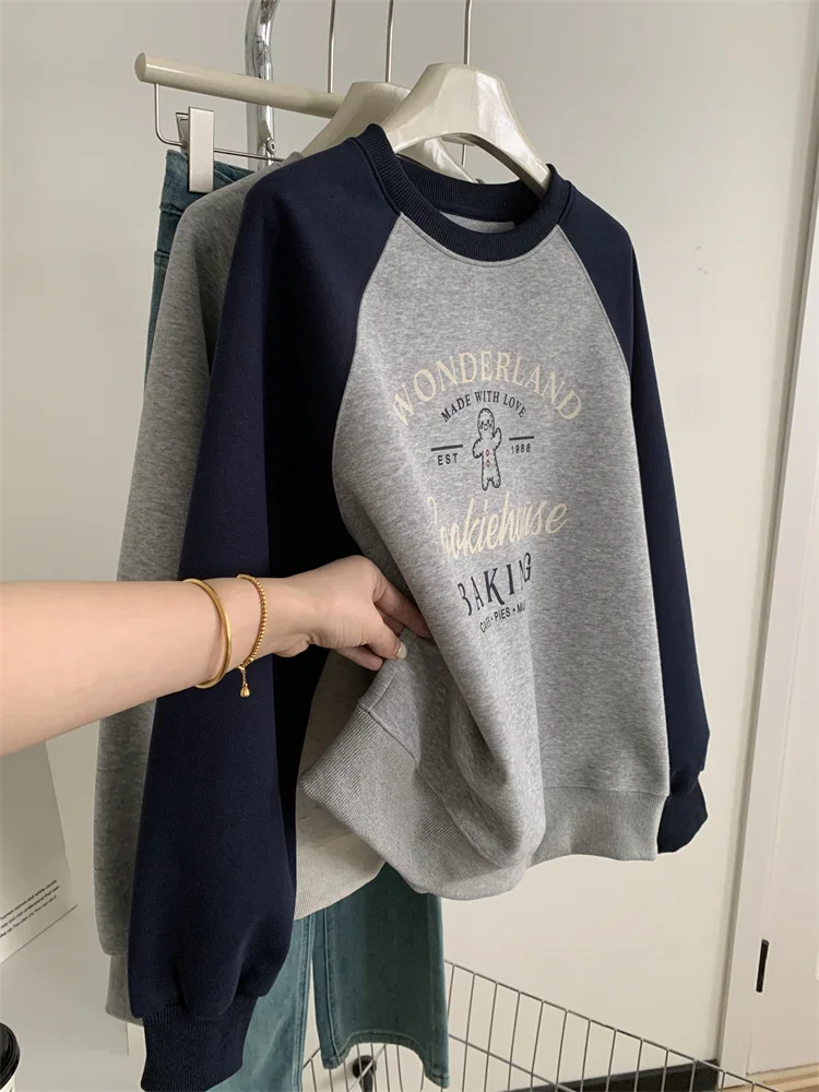 LangMao Contrasting Letter Printed Pullover Hoodie For Women Spring Autumn Color Blocked Sweatshirt