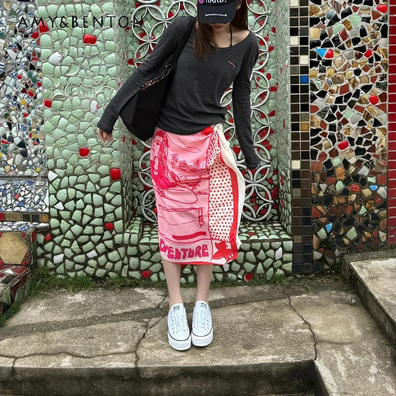

Retro Pink Cool Girl Hand-painted Printed Kink Women's Hip Skirt 2025 Summer New Sweet Vacation Style Straight Skirts Ladies
