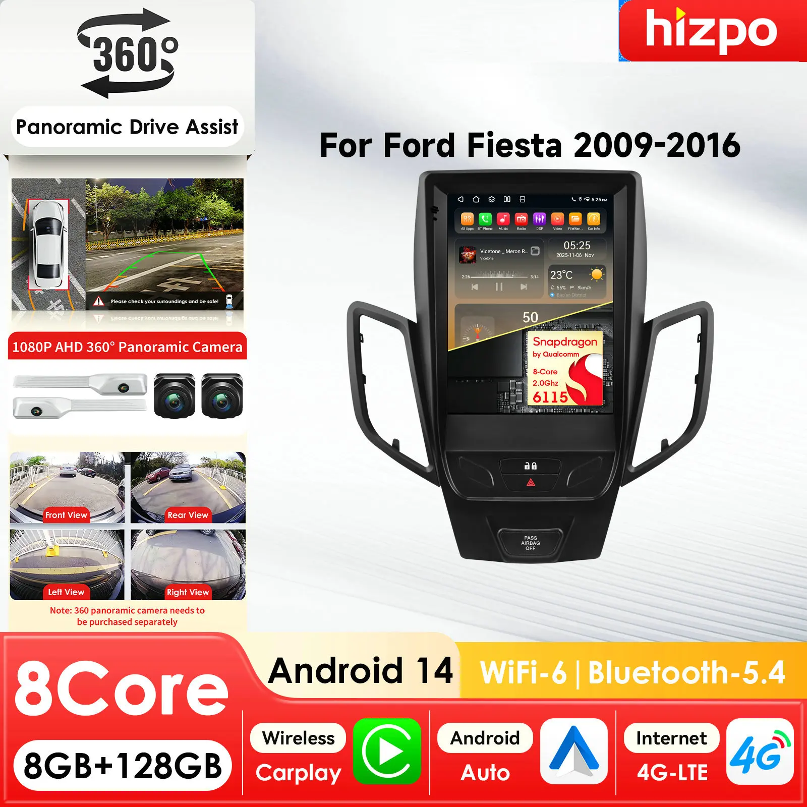 9.7'' 6115  Android Car Radio Multimedia Video Player For Ford Fiesta 2009-2016  AutoRadio Carplay GPS 4G RDS  QLED Screen