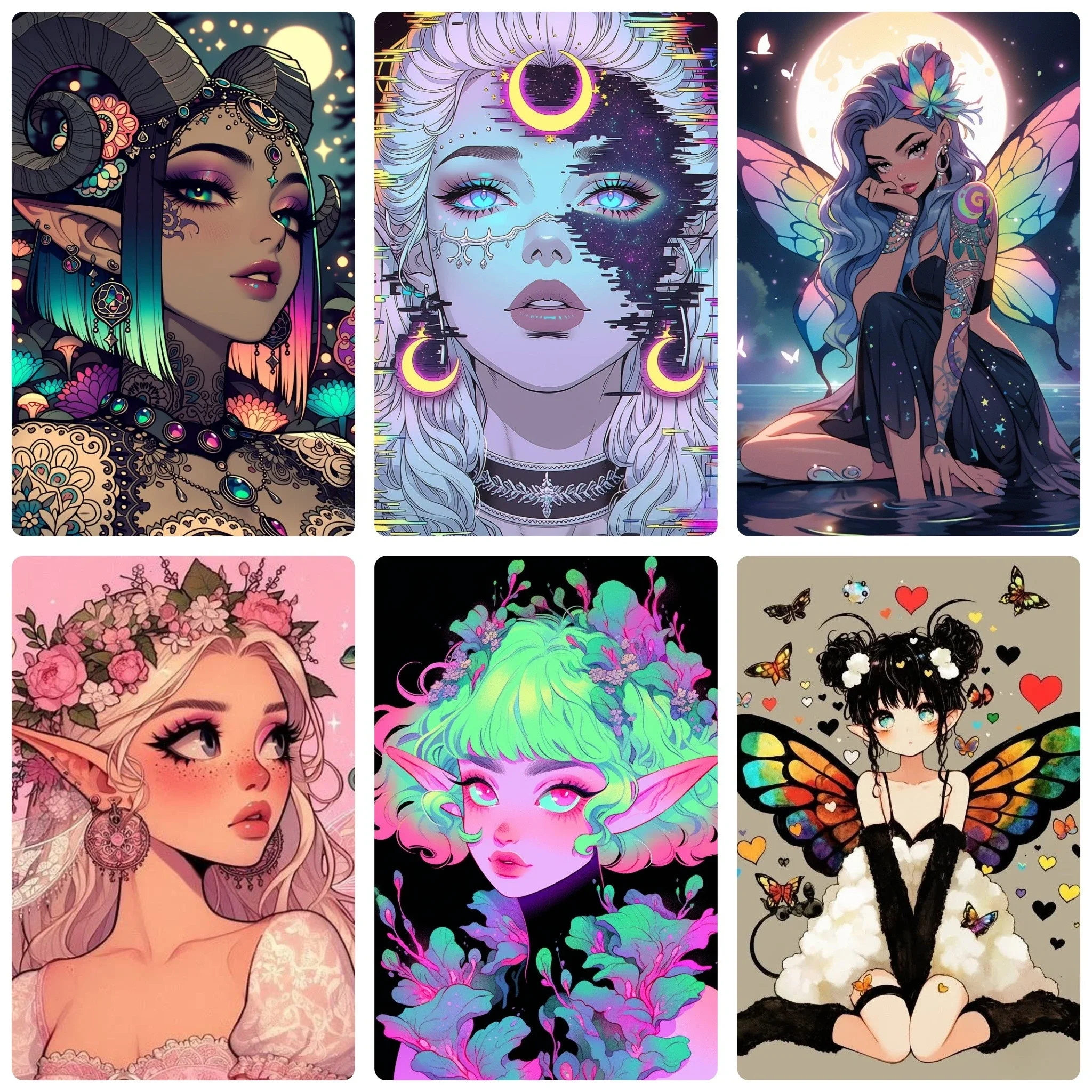 DIY Fantasy Elf Diamond Painting, Colorful Neon Faerie Portraits With Moon And Floral For Living Room Wall Decoration Gift