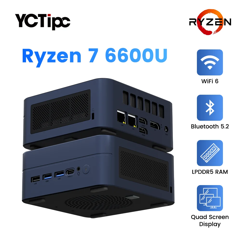 YCTipc Mini PC AMD Ryzen 7 6600U LPDDR5 1TB M.2 SSD Computadores de mesa com suporte para exibição 4K HDMI/WiFi6/USB3.2/Escritório