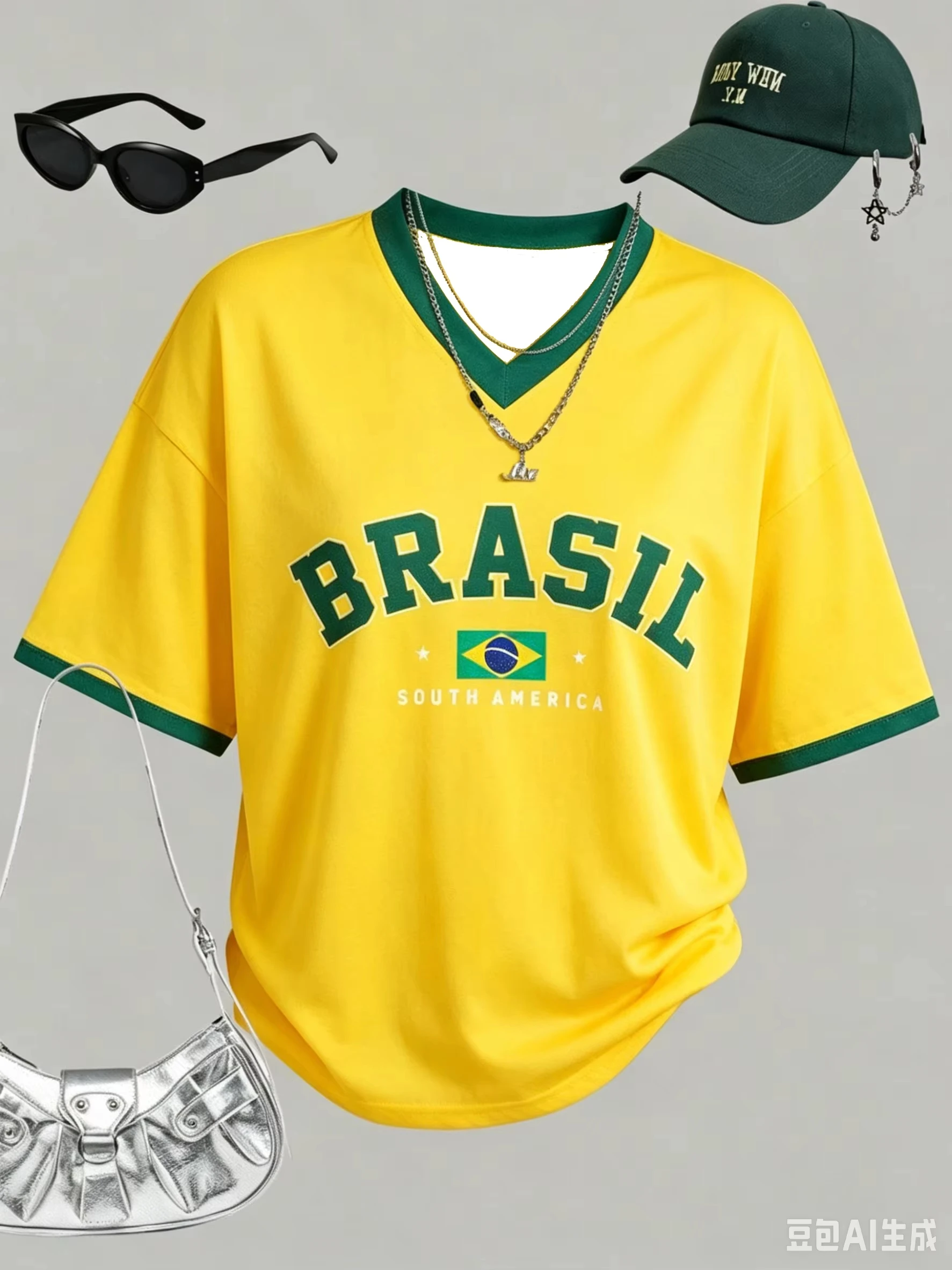 Summer Women V-Neck T-Shirt Yellow Green Brazil Style 3d Print Casual Graphic Streetwear Sports Tops Fashion Loose Streetwear