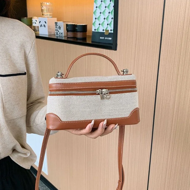 Light Luxury Zipper PU Canvas Spliced Shoulder Bag 2024 Hot Selling New Trend Women\'s Bag High Quality Fashion Brand Makeup Bag