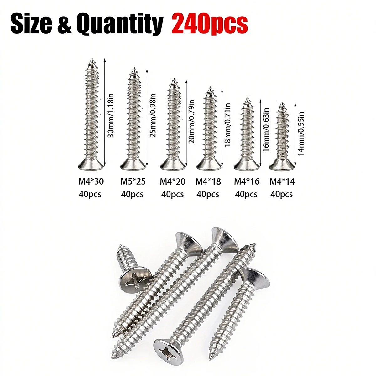240Pcs M4 304 Stainless Steel Phillips Countersunk Flat Head Self Tapping Screws Assortment Kit Wood Screw Set for Wood DIY