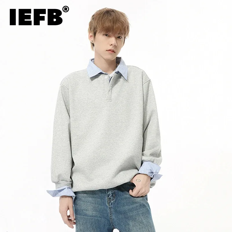 IEFB Niche Design Men's Fleece Sweatshirt Fake Two-piece Turn-down Collar Loose Top Contrast Color Male Pullover Clothing 9C8476