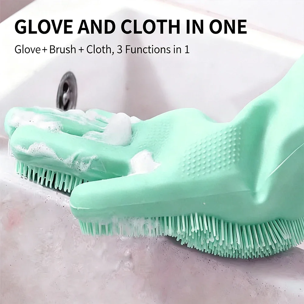 Silicone Dishwashing Gloves 3 in 1 Scrubber Cleaning Gloves Waterproof Heat Resistant Reusable Kitchen Glove for Dish Washing