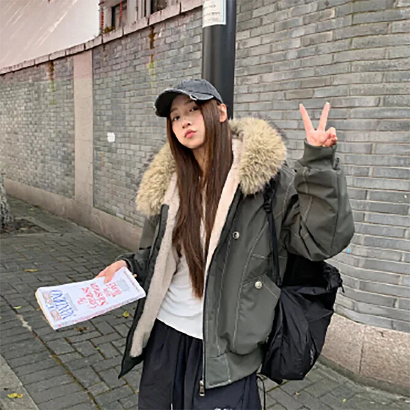 

2025 Fashion Winter Warm Cotton Outwear Vintage Long Sleeve Pocket Casual Jacket Women Large Fce Collar Oversized Filled Coatge