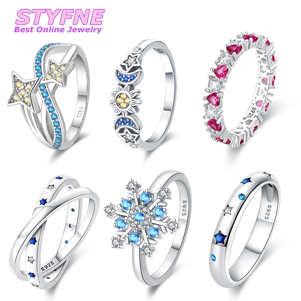 

Women 925 Sterling Silver Geometry Star Sun Moon Heart-Shaped Snowflake Rings Jewelry Anniversary Birthday Fashion Gifts