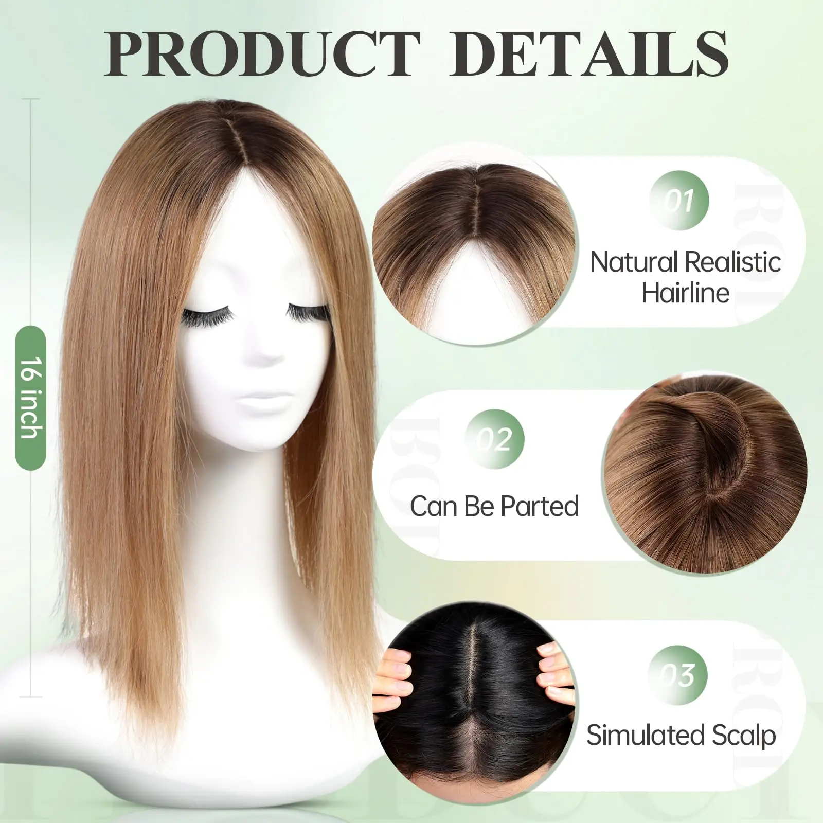 Rambut Asli Remy Lurus 16 Inci untuk Wanita, Ekstensi Rambut Gradasi Pirang dengan Akar Gelap, 3 Jepitan di Bagian Rambut