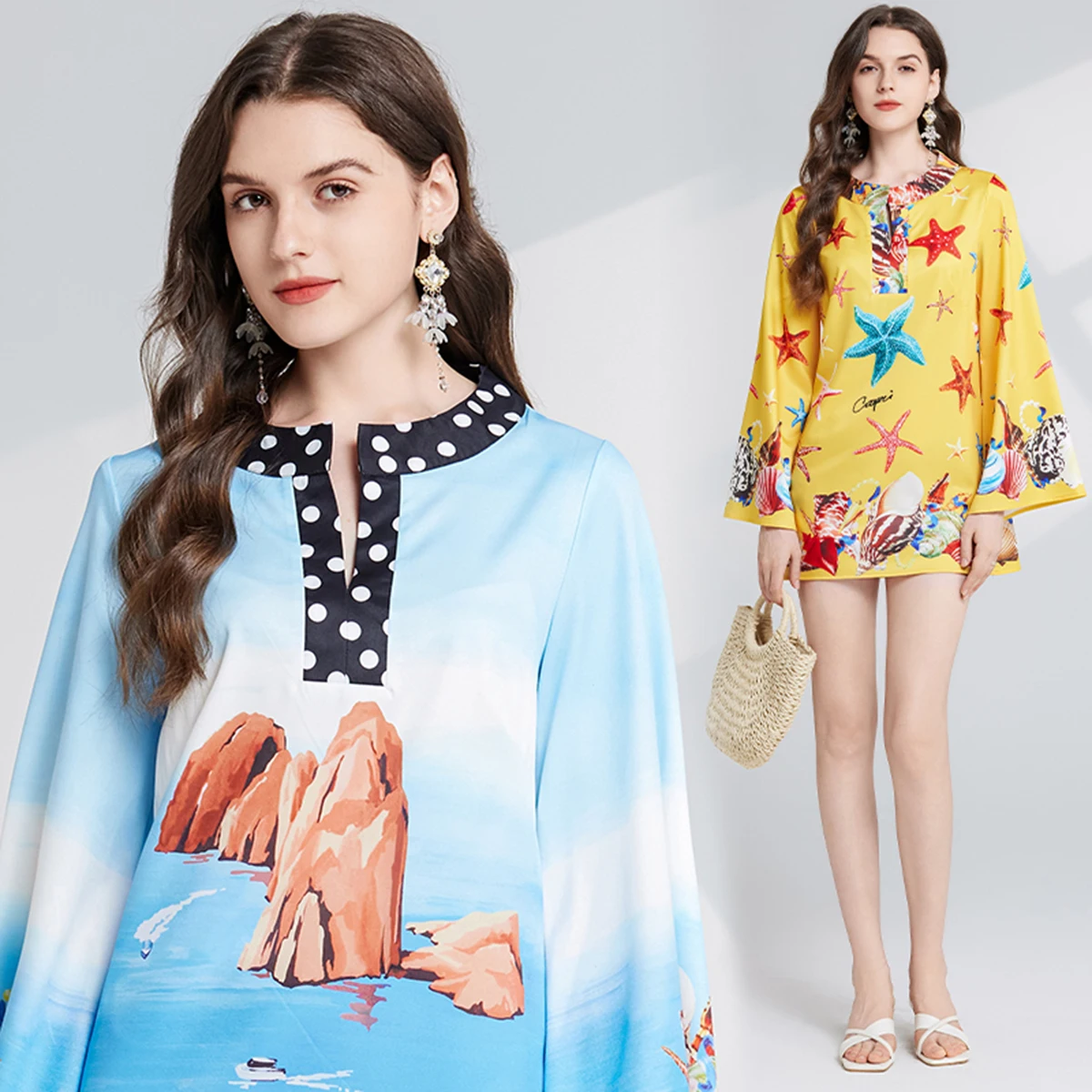 Summer Runway Holiday Beach abito corto da donna o-collo manica lunga svasata Conch Starfish Print Boho abito allentato abbigliamento femminile