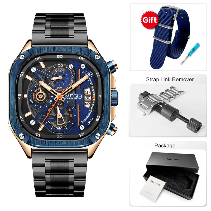MEGIR Black Quartz Watch Men Waterproof Square Dial Wristwatch with Chronograph Stainless Steel Strap Luminous Hands Auto Date
