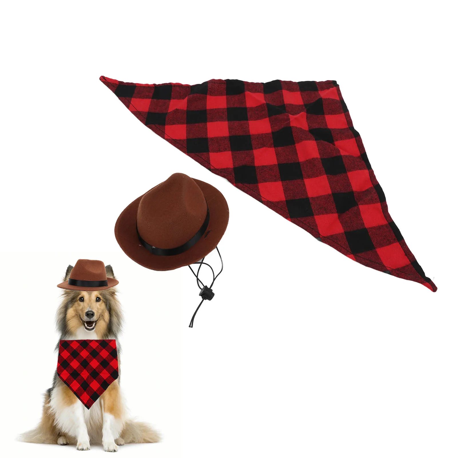 

Dog Cowboy Hat And Scarf Adjustable Pet Cowboy Costume Set For Halloween Party Role Play(Brown Red Grid )