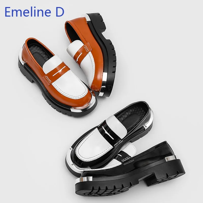 Men Color Block Loafers Round Toe Metal Plate Decor Thick Platform Sole Glossy Leather Slip On Punk Street Fashion Dress Shoes