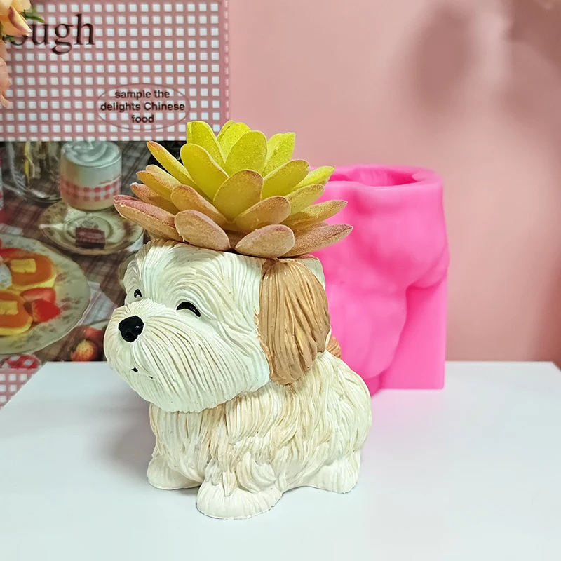 Long-Haired Puppy Animal Flower Pot Silicone Mold DIY Cement Plaster Succulent Planter Mold Cute Pet Dog Flower Pot Handmade Casting Mold