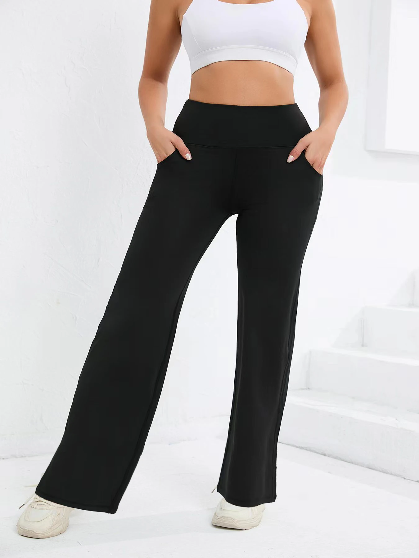 

Fitness wide-leg yoga pants, with pockets high-waisted belly-slimming sports pants, women's sportswear.
