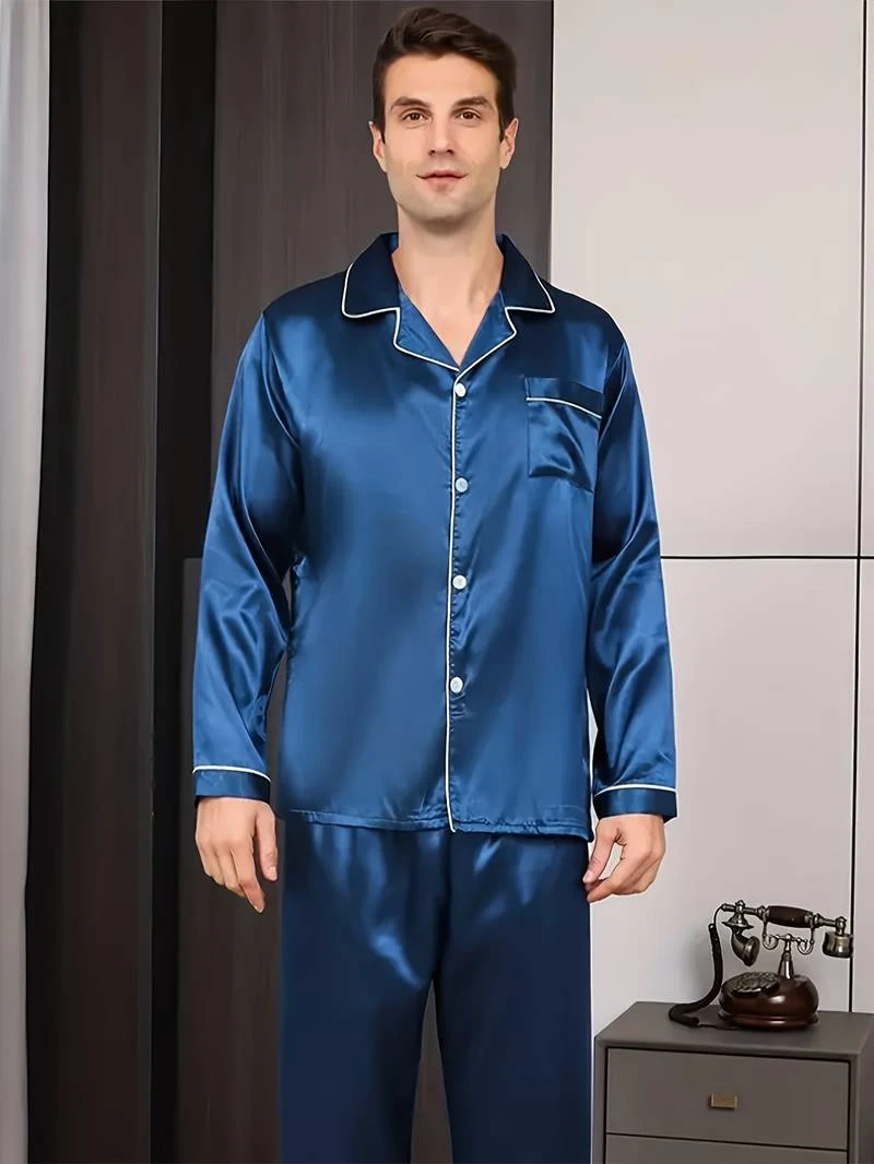 2026 Men's Satin Pajama Set For Men Long Sleeve Button-down Top With Long Sleep Pants Pajamas Summer Sleepwear Loungewear Pjs