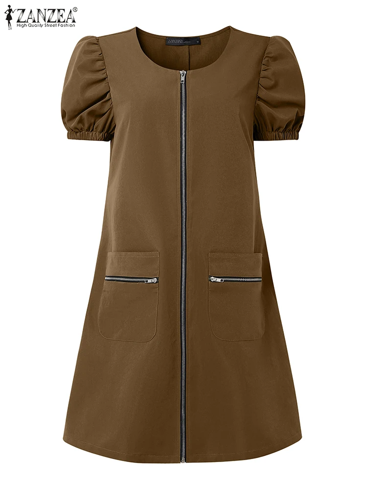 ZANZEA Damen-Minikleider mit Reißverschluss, 20225, Sommermode, kurze Puffärmel, O-Ausschnitt, 4 Farben, kurzes Kleid, Cargo-Arbeitskleidung, S-3XL