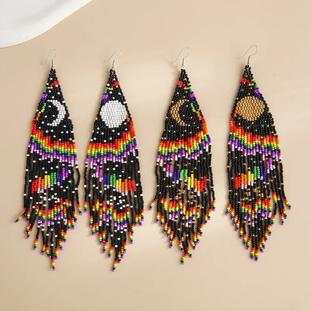 Beaded earrings Tassel Moon Design Northern Lights  Female  Bohemia Hand knitting Alloy Versatile Tide Simple Rice bead earrings