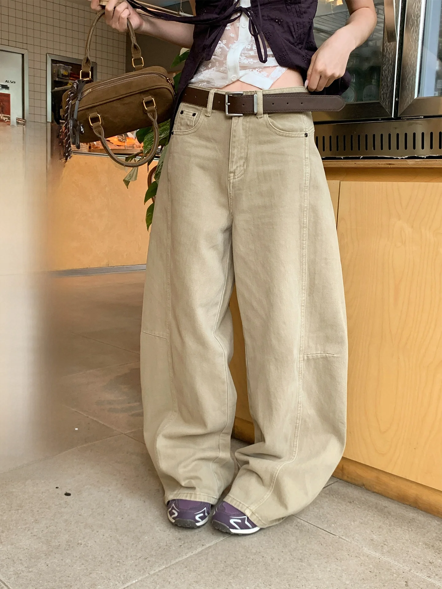 

Khaki Straight Leg Casual Pants Women's High Waist Loose Wide Leg Lazy Versatile Small Size Floor-Length Pants