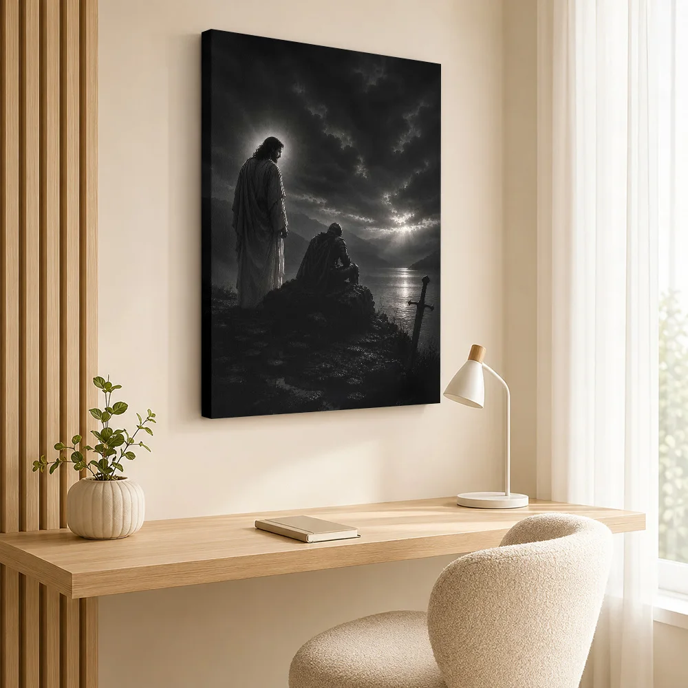 Jesus And Kneeling Knight Faith Canvas Print With Wooden Frame Customized Photo, Dramatic Illustration Wall Art For Man Cave